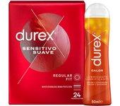 Durex - Lote 24x Preservativos Sensitivo Suave + Lubricante Efecto Calor 50 ml, Sexo Seguro. Perímetro Regular, Grosor Fino