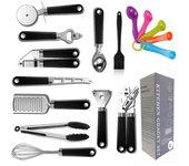 Juego De Cocina, Kit de 16 Utensilios para Cocina Acero Inoxidable Y Plastico ABS, Accesorios para Cocina,  Cuchara Para Helado, Cortapizza, Abrelata, Pinza Para Parrilla, Juego De Cucharas Medidoras MAS