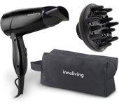 Innoliving | Secador de Pelo | Secador de Pelo Profesional Compacto Plegable |1600W | Botón de Aire Frío y 2 Velocidades, con Difusor y Estuche Incluido, Mango Plegable, Negro