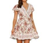 Mini vestido de gasa con estampado floral y mangas largas campesinas para mujer