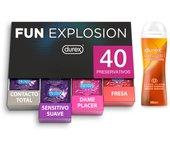 Durex - Fun Explosion, Pack Preservativos Sabor Fresa, Dame Placer, Sensitivo Suave y Contacto Total, 40 Condones + Lubricante Play Massage 2 en 1 200 ml