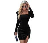 Mini vestido bodycon fruncido de manga larga con cuello cuadrado para mujer, vestidos cortos de cóctel para fiesta y club