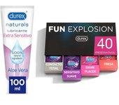 Durex - Lote Fun Explosion, Pack 40 Preservativos + Lubricante Naturals Extra Sensitivo 100ml, Ingredientes Naturales, Sexo Seguro