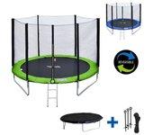 Cama elástica de 180 cm reversible verde/azul, pack trampolín cairns + red de seguridad + escalera + lona + kit de anclaje.